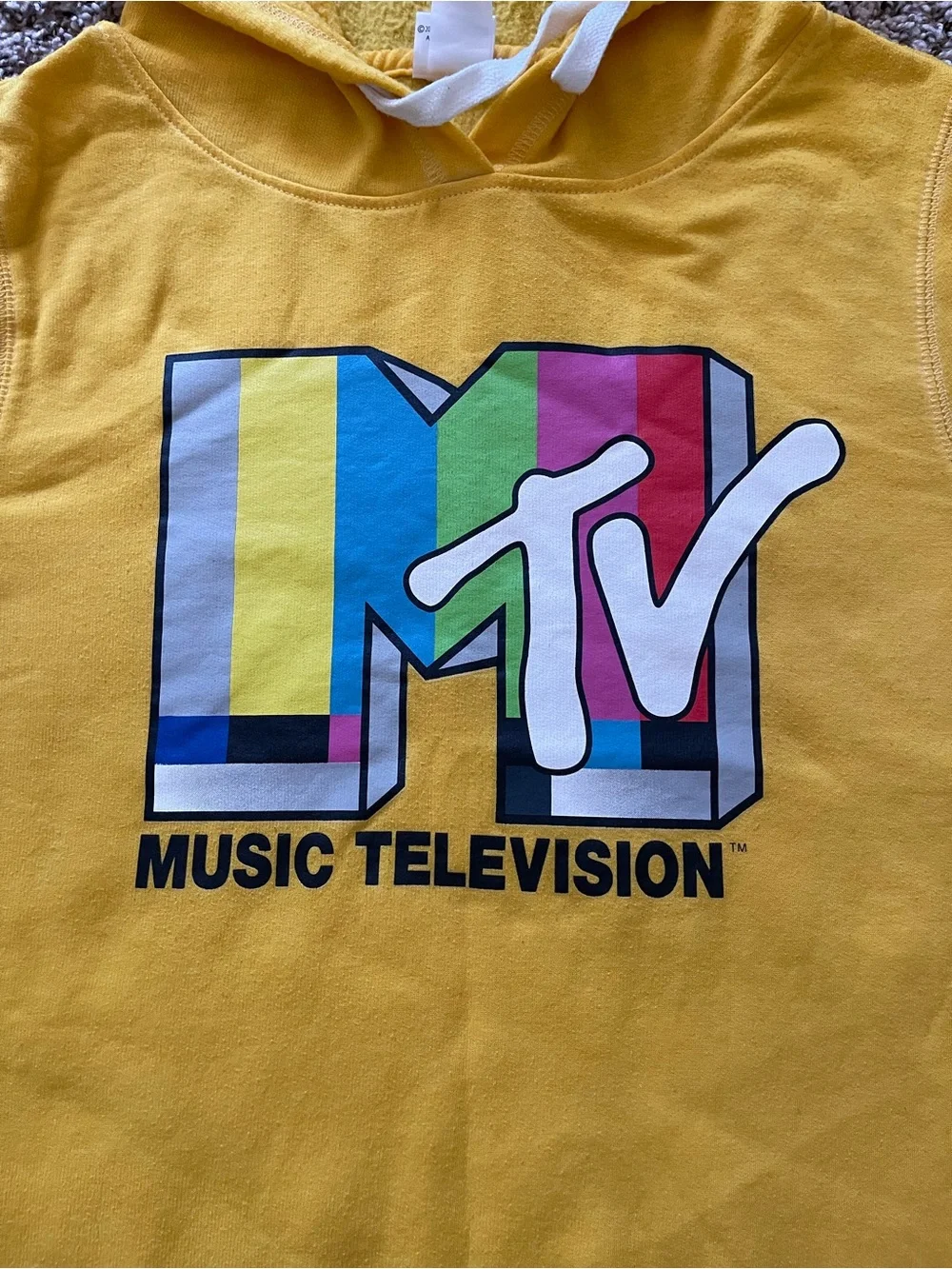 MTV Music Television Hoodie Yellow Retro Varsity Stripe Sweatshirt Womens Size L